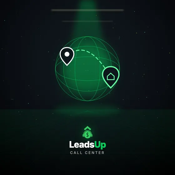 A LeadsUp plate: a wireframe globe with a white pin for the out-of-state owner arcing across to a green pin on their property