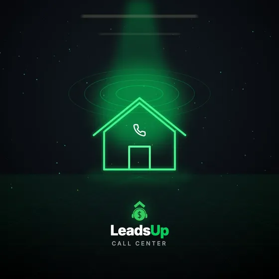A LeadsUp plate: a glowing outlined house with a phone handset in its gable, call signal rings rising off the roof