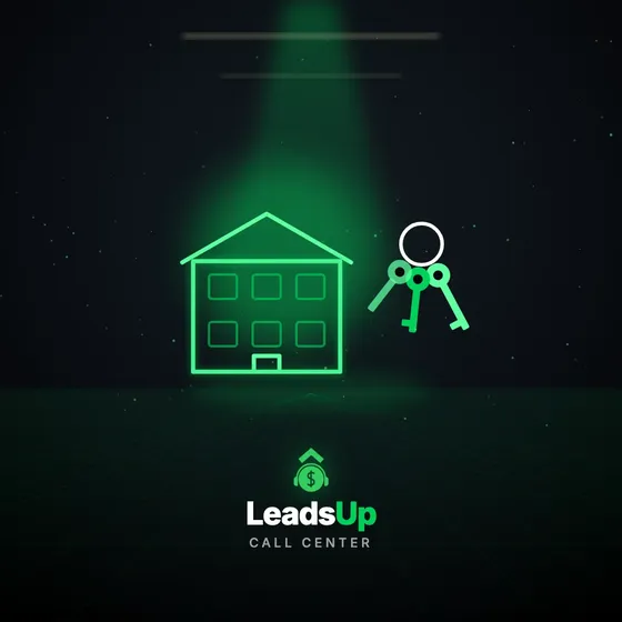 A LeadsUp plate: a small two-storey rental building with a ring of keys hanging beside it